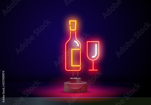 Glowing neon line Wine bottle with wine glass icon isolated on brick wall background. Colorful outline concept. Vector