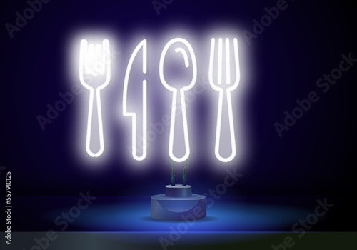 Neon pink shapes of spoon, fork and table khife on a black background. Set of cutlery. Vector illustration photo