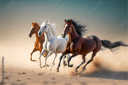 three Arabian Horses stallion with long mane portrait run gallop at Sahara Desert generative ai  © Hassan