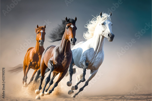 three Gallop of Arabian Horses in Dust at Sahara Desert generative ai      
