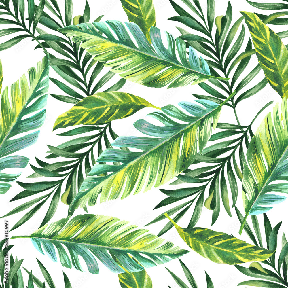 Green leaves of tropical palm tree. Seamless pattern with hand drawn watercolour illustrations 