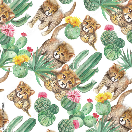 Babies of cheetah sitting in cactuses and plants. Seamless pattern with watercolor hand drawn illustrations