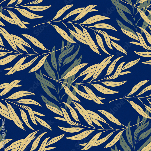 Willow branches and leaves, golden on dark blue background. Seamless pattern with hand drawn illustration