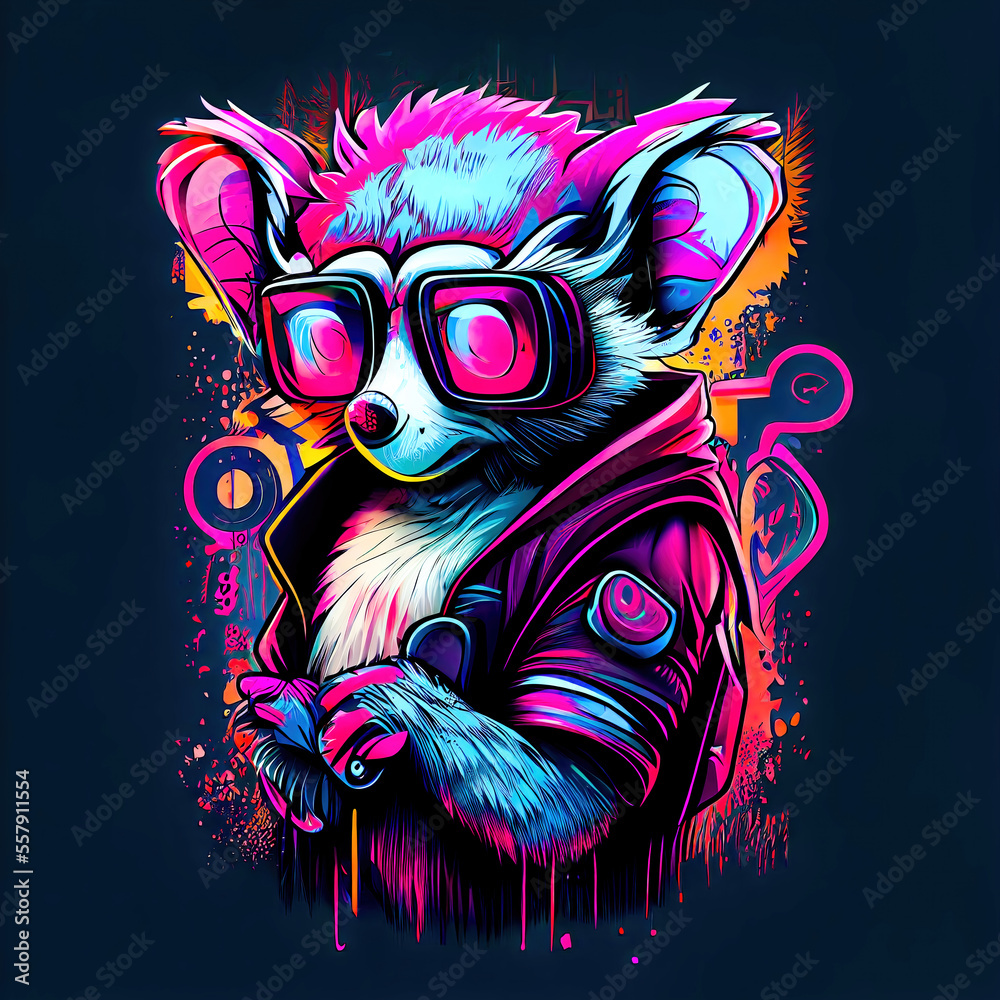 Neon Sticker Animals with Glasses Portrait Generative AI Digital Art Illustration Cover Backdrop Background T-Shirt