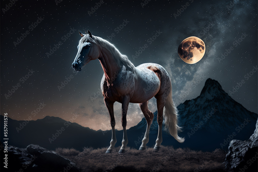 Horse in the mountains against the moonlight. Digital illustration. Fantasy Digital background.
