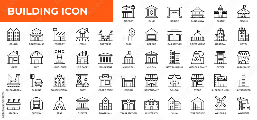 Building line icons collection. UI web icons set in a flat design. Outline icons pack. Architectural icons