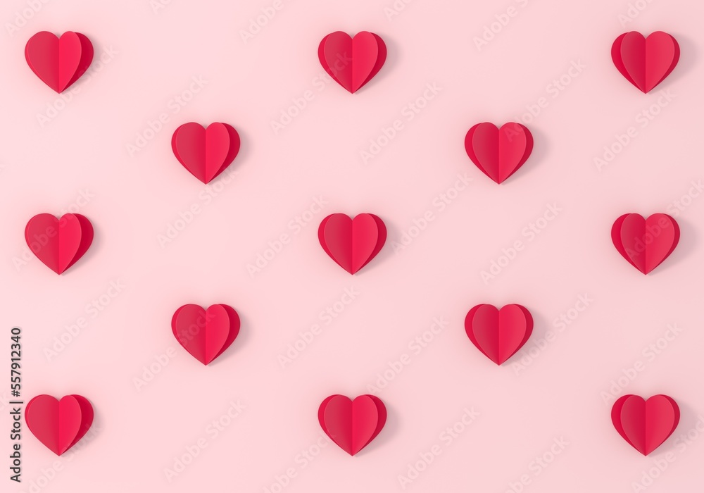 Origami red heart symbols on pink background.