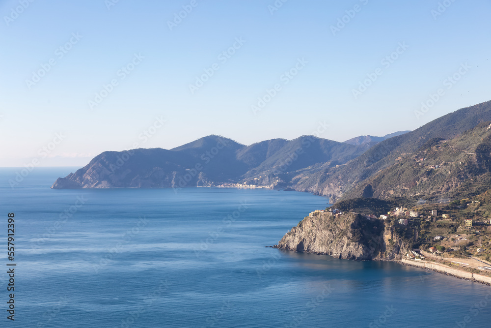 Small touristic town on the rocky coast, Corniglia, Italy. Cinque Terre. Sunny Fall Season day.