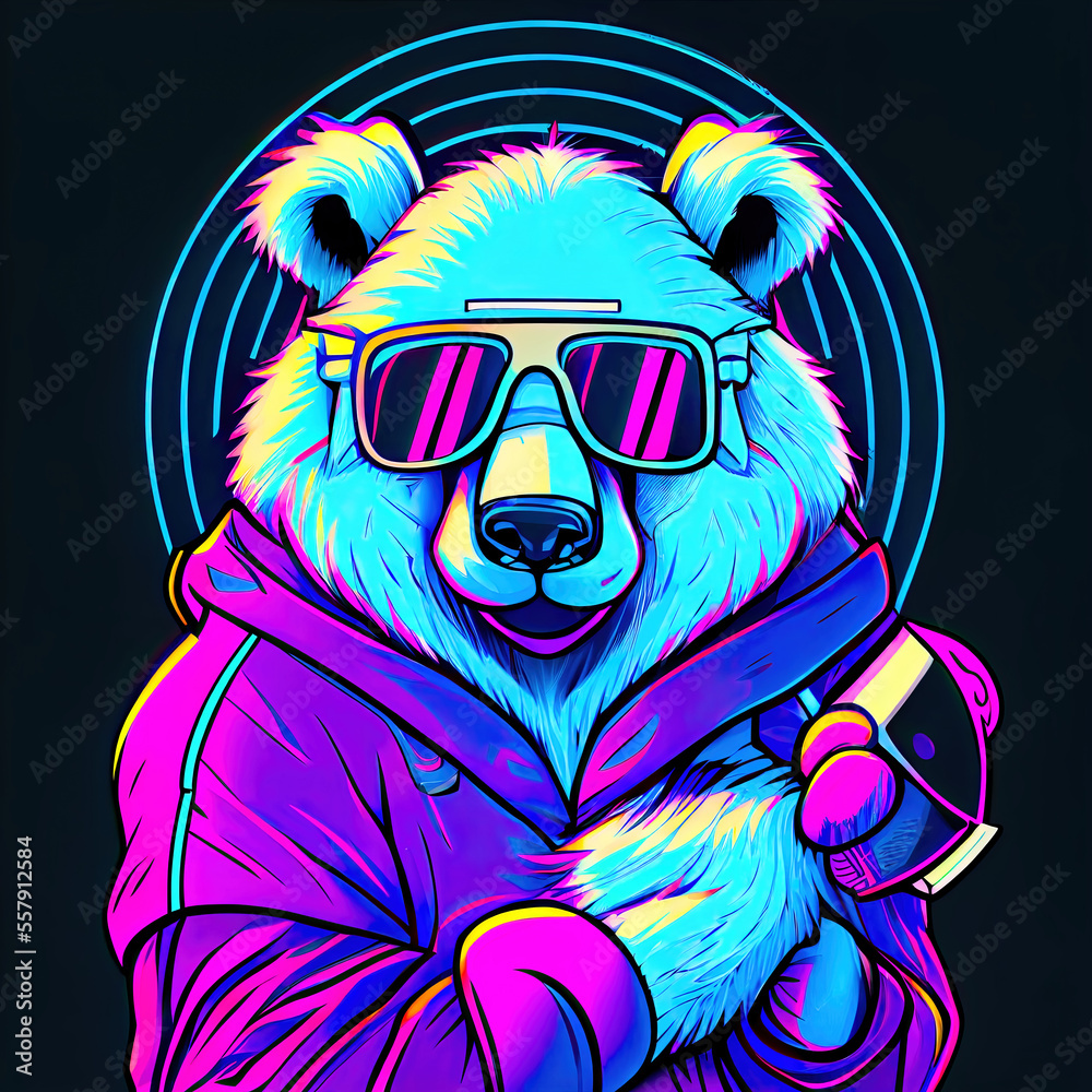 Fototapeta premium Neon Sticker Animals with Glasses Portrait Generative AI Digital Art Illustration Cover Backdrop Background T-Shirt