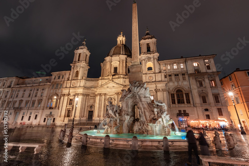 Sant'Agnese in Agone in Piazza Navona. Historic Landmark in Rome, Italy. Cloudy Sky. Night time