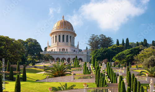 Bahai Gardens in Haifa, Israel. Morning Sunrise. Tourist Attraction. photo