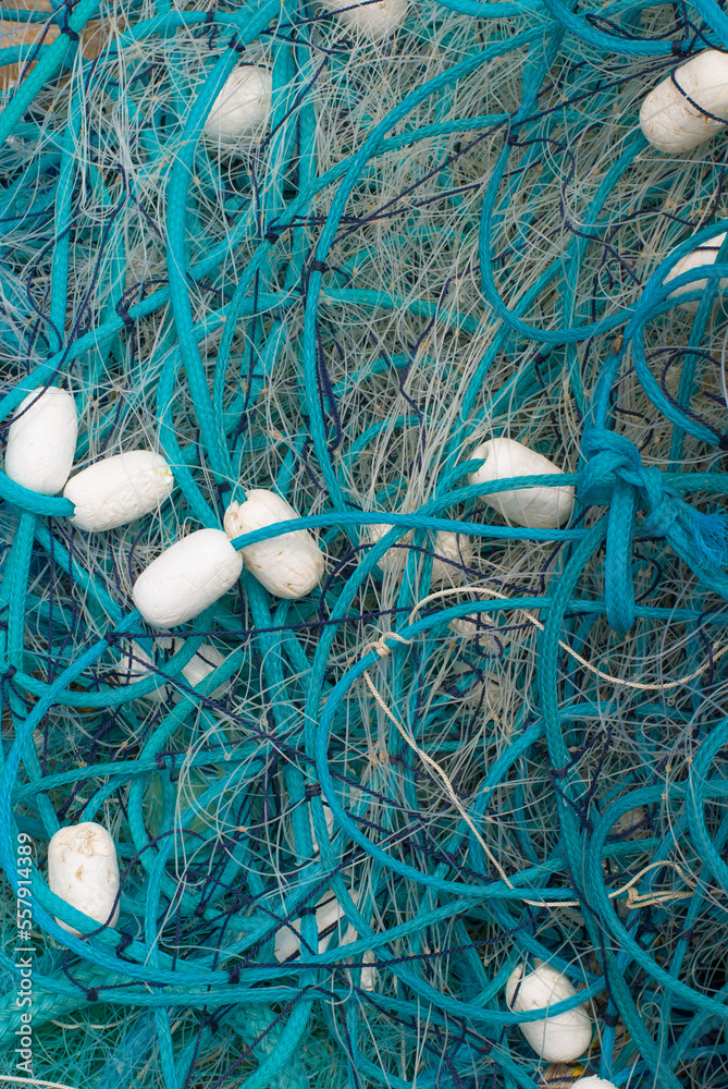 Fishing net and ropes on a fisherman boat