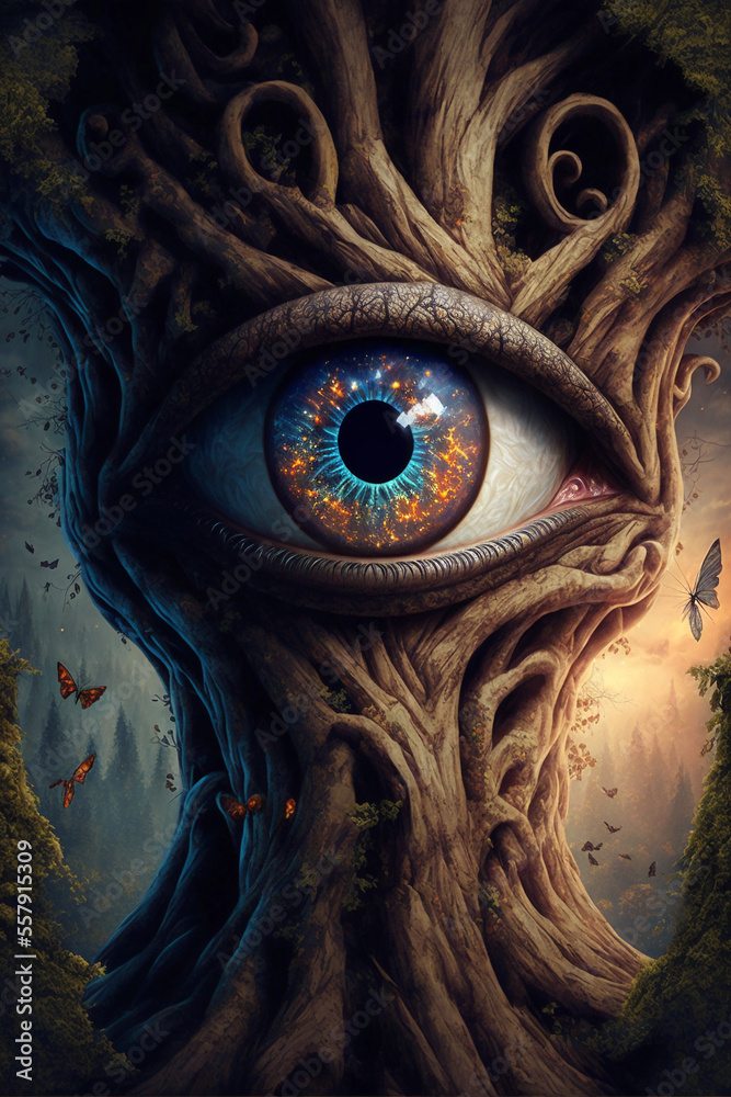 Wise tree with an eye, AI generation