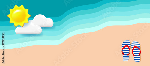 Striped sandals on the seacoast. Flip-flops, cartoon sun, clouds and layered waves. Summer vacation concept. Vector illustration, top view