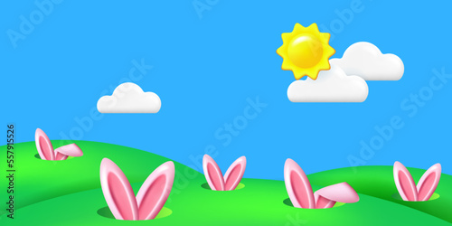 Spring landscape with hidden pink rabbits. Pink bunny ears in the minks  green hills  realistic sun and white clouds
