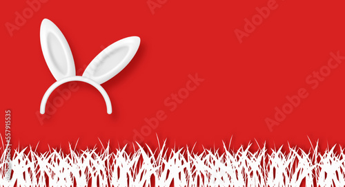 White realistic rabbit ears headband. Happy Easter 3D mask on red background