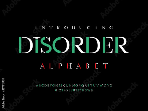 Vector of stylized modern serif alphabet design with uppercase, numbers and symbols
