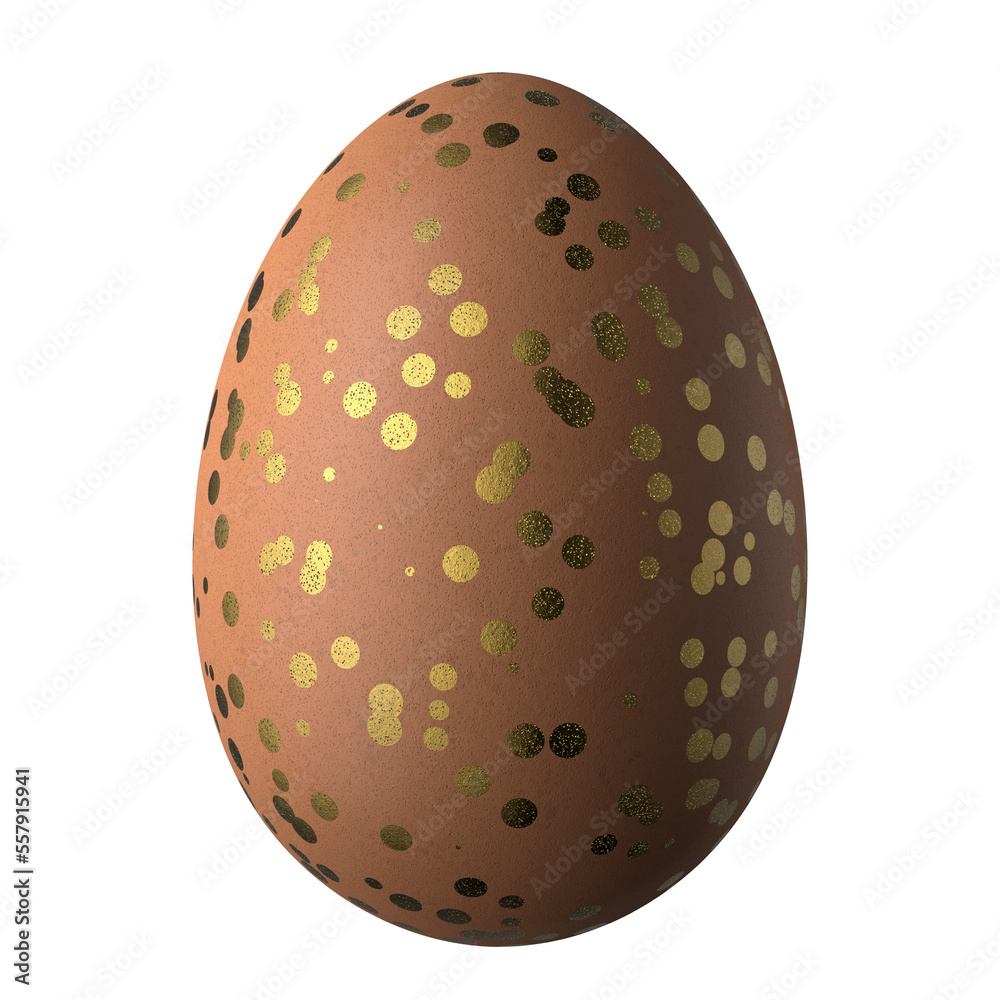 Easter egg is brown with gold circles painted on the egg. Brown Easter egg. Isolated on a white background. 3d render. Easter egg is brown with gold circles painted on the egg. Brown Easter egg. Isolated on a white background. 3d render.