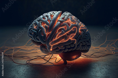 Brain being controlled by wires. Generative AI illustration