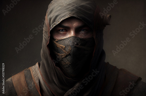 Ninja portrait in mask. Generative AI illustration