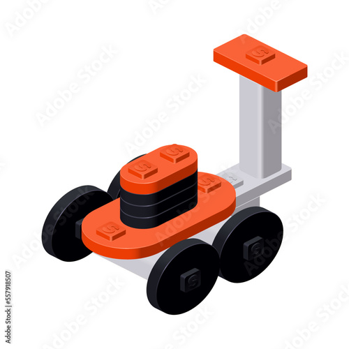 Isometric lawn mower assembled from plastic bricks. Vector clipart