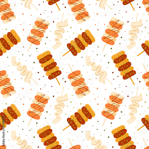 Korean street food seamless pattern. Rice cake skewers sotteok sotteok with sausages and rice. Asian snacks on sticks. Cute doodle background.