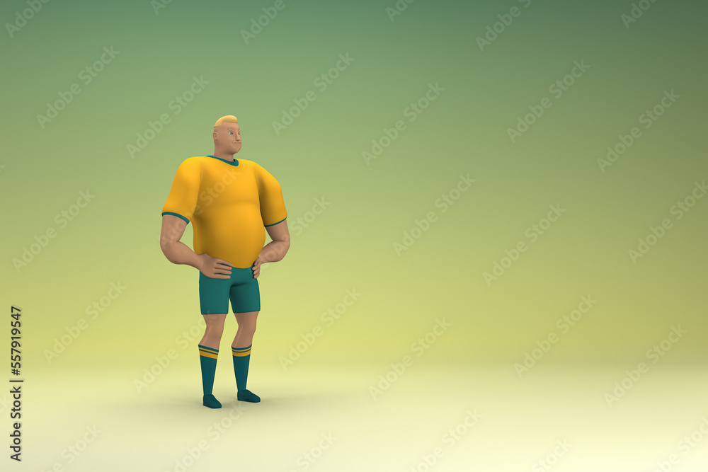 An athlete wearing a yellow shirt and green pants is expression of hand when talking. 3d rendering of cartoon character in acting. An athlete wearing a yellow shirt and green pants is expression of hand when talking. 3d rendering of cartoon character in acting.