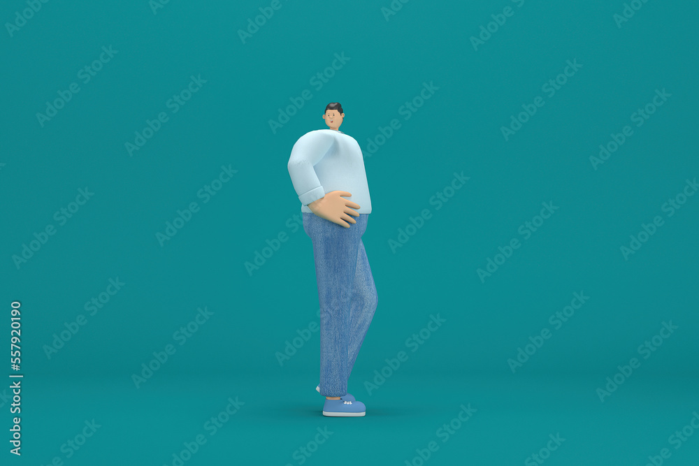 cartoon character wearing jeans and long shirt. He is expression of body and hand when talking. 3d rendering in acting. cartoon character wearing jeans and long shirt. He is expression of body and hand when talking. 3d rendering in acting.