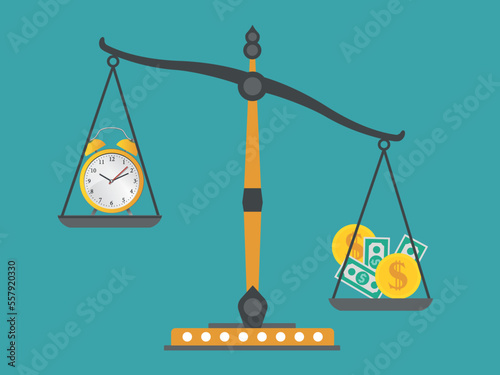 Time and money on scales as business concept of life choice. Dollar cash and coin Symbol of financial success and stress from work disbalance. Flat vector illustration on green background.