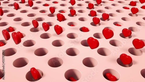 Red hearts bouncing, floating from the pink holes