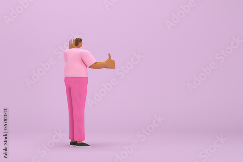 The black man with pink clothes. He is expression of body and hand when talking. 3d rendering of cartoon character in acting.