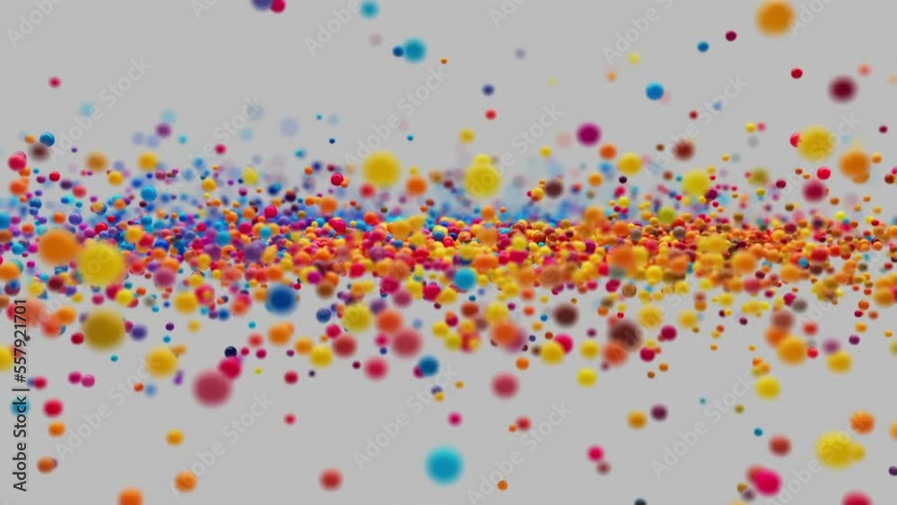 Dynamic animation of spheres of different colors moving randomly in space create a beautiful abstract simulation for the background with a bokeh effect