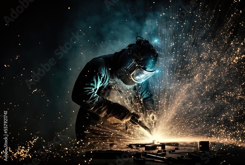 Obraz na plátne welder is welding metal , industry them bokeh and sparkle background, Generative