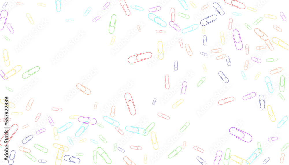 Paper clips are scattered on a white background. Decorative element. Background for design, school and office supplies