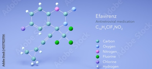 molecule efavirenz, molecular structures, antiretroviral medication 3d model, Structural Chemical Formula and Atoms with Color Coding photo