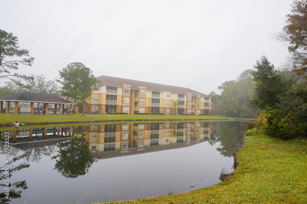 The winter fog and colorful leaf landscape of New Tampa community in Florida
