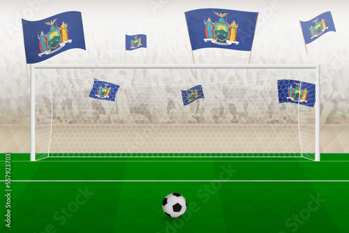 New York football team fans with flags of New York cheering on stadium, penalty kick concept in a soccer match.