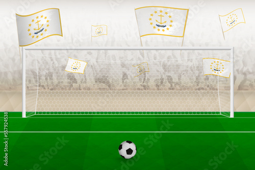 Rhode Island football team fans with flags of Rhode Island cheering on stadium, penalty kick concept in a soccer match.