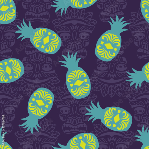 Vector seamless pattern with ornament pineapple and tiki