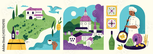 talian landmark, national food: pizza, wine, cheese, coffee, pastries. Winery, pizzeria, city view. Traditional Italia landscape and local products. Banner or poster for tourists, travellers