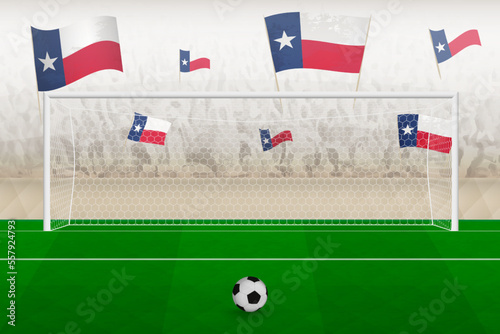 Texas football team fans with flags of Texas cheering on stadium, penalty kick concept in a soccer match.