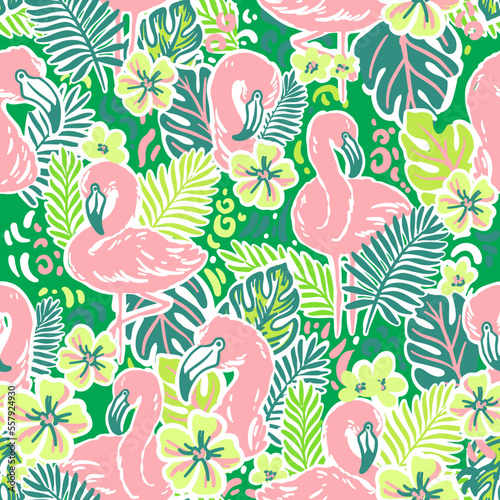 Flamingo in the tropical leaves. Seamless vector pattern with hand drawn illustrations with green jungle there