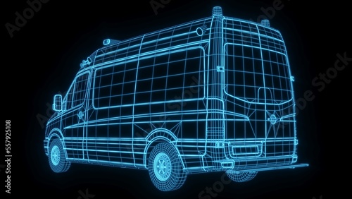 3d rendering illustration Ambulance car blueprint glowing neon hologram futuristic show technology security danger emergency for premium product business finance 