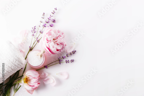 Roses and lavender, salt, towel, spa background