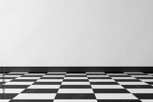 Wallpaper with black and white checkered floor and white walls. 3D Scene. © Bahobank