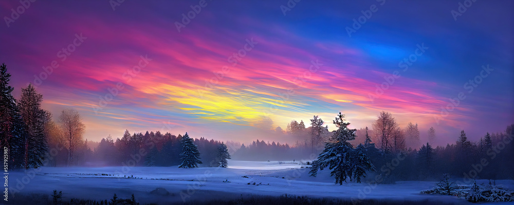 Winter landscape in pink tones. Mostly calm winter river, surrounded by trees covered with hoarfrost and snow that falls on a beautiful pink morning light. Christmas lace. Digital art Winter landscape in pink tones. Mostly calm winter river, surrounded by trees covered with hoarfrost and snow that falls on a beautiful pink morning light. Christmas lace. Digital art