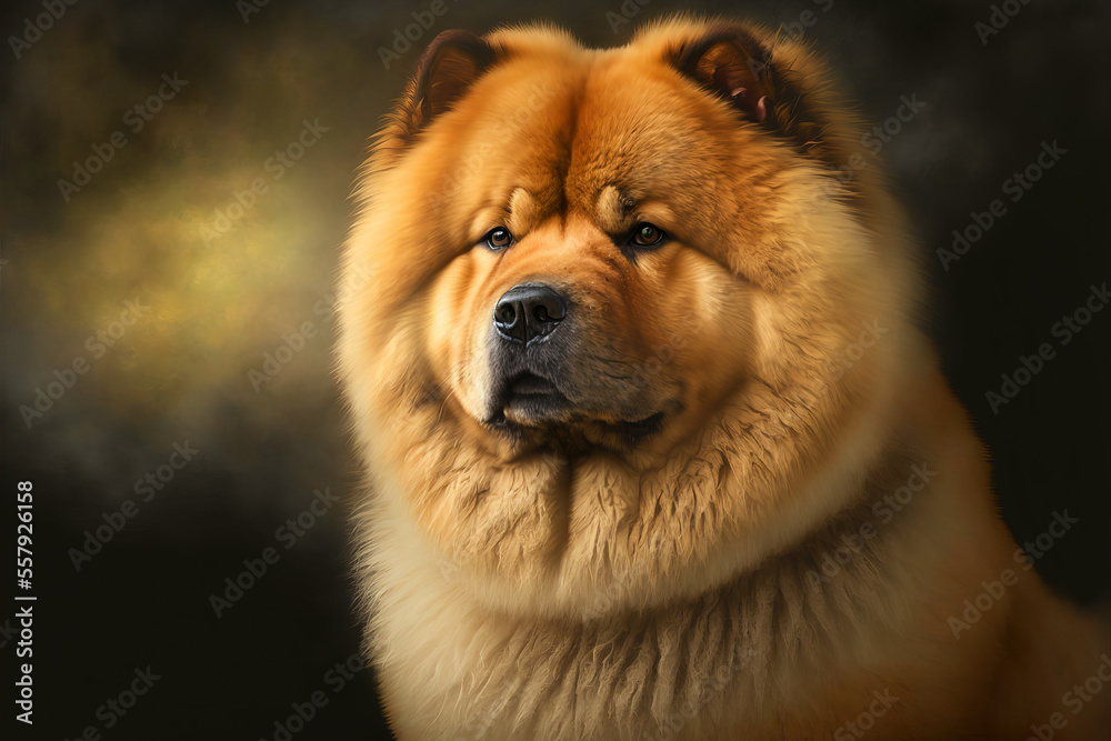 Adorable Chow Chow dog on dark background. Cute dog portrait. Digital art	