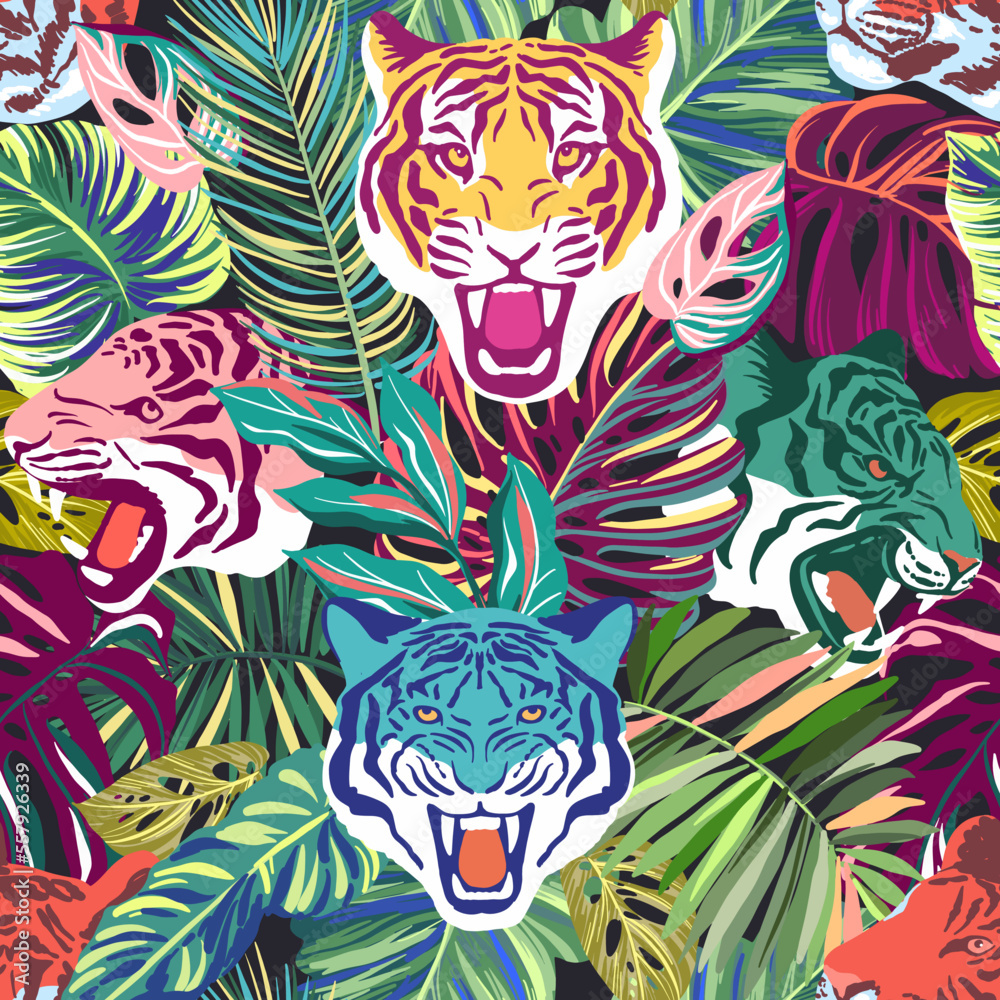 Wild tiger, tropical leaves in the jungle. Seamless pattern with vector hand drawn illustrations with nature theme
