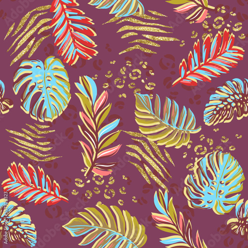 Tropical leaves with golden glitter effects. Seamless vector pattern with hand drawn illustrations 