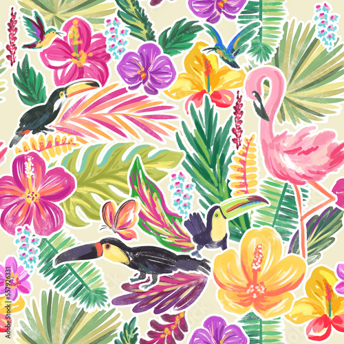 Tropical bird, flowers and leaves . Seamless pattern with hand drawn digital illustration with summer theme
